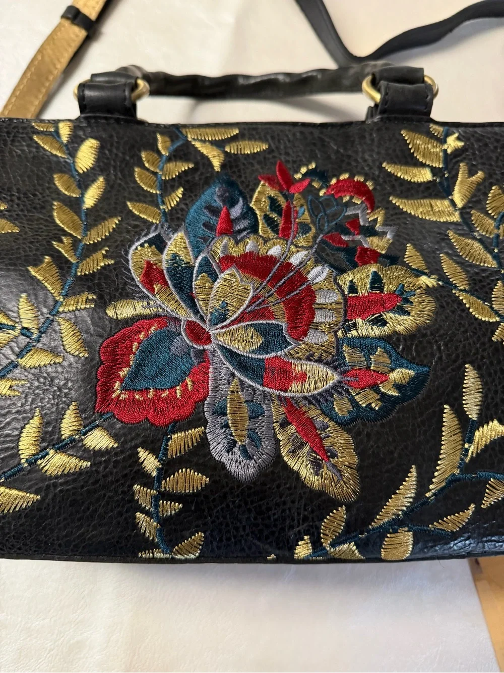 Patricia Nash Black Crossbody with Gold Leaf Embroidery and Multicolor Floral